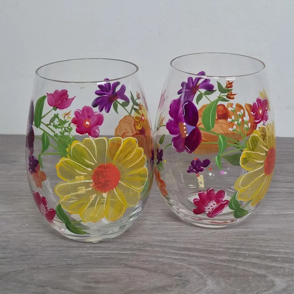 Pier 1 Stemless Wine Glasses Set of 2 Mouth Blown Painted Floral Summer Glasses